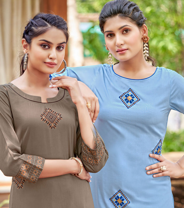 Laxmipati Carnival Muslin Cornflower blue Hand Print Straight Kurti With Fancy Pant