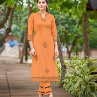 Laxmipati Carnival Muslin Marigold orange Hand Print Straight Kurti With Fancy Pant