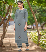 Laxmipati Carnival Muslin Coin grey Hand Print Straight Kurti With Fancy Pant