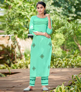 Laxmipati Carnival Muslin Sky Blue Hand Print Straight Kurti With Fancy Pant