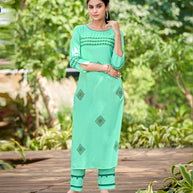 Laxmipati Carnival Muslin Sky Blue Hand Print Straight Kurti With Fancy Pant