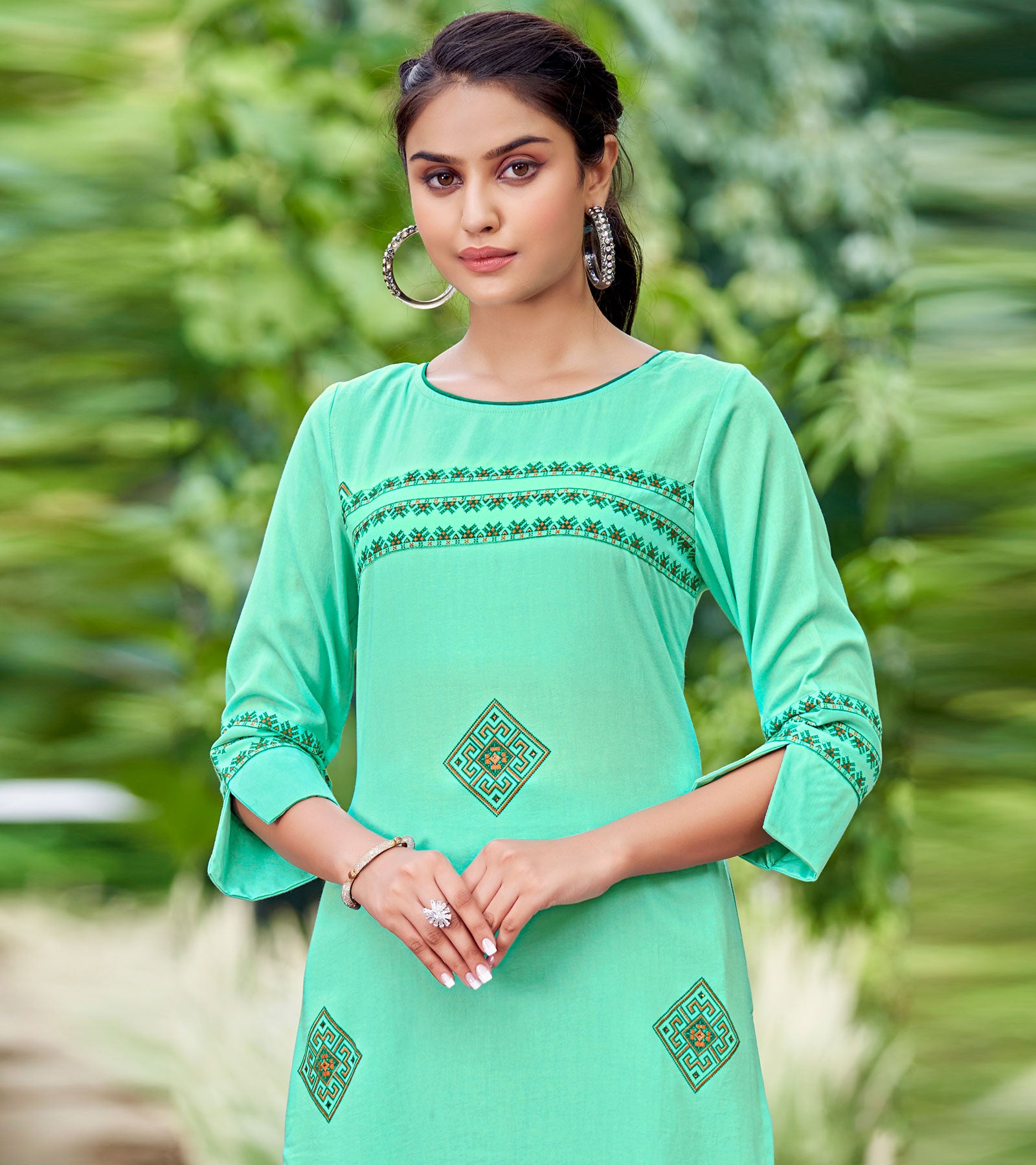 Laxmipati Carnival Muslin Sky Blue Hand Print Straight Kurti With Fancy Pant