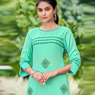 Laxmipati Carnival Muslin Sky Blue Hand Print Straight Kurti With Fancy Pant