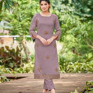 Laxmipati Carnival Muslin Purple Hand Print Straight Kurti With Fancy Pant