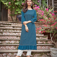 Laxmipati Nabulla (Fine Cotton)  Blooming Blue Straight Cut Kurti