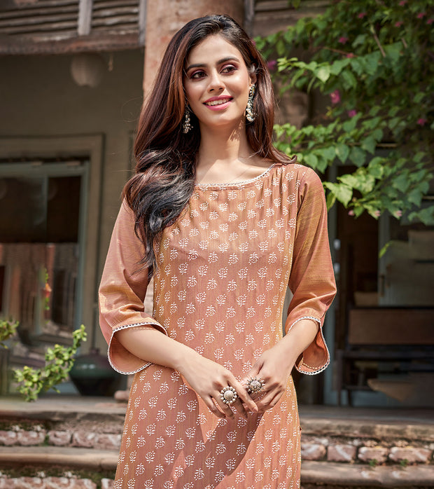 Laxmipati Nabulla (Fine Cotton)  Caramel Color Straight Cut Kurti