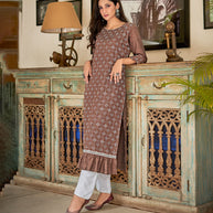 Laxmipati Nabulla (Fine Cotton)  Mocha Brown Straight Cut Kurti