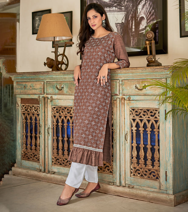Laxmipati Nabulla (Fine Cotton)  Mocha Brown Straight Cut Kurti