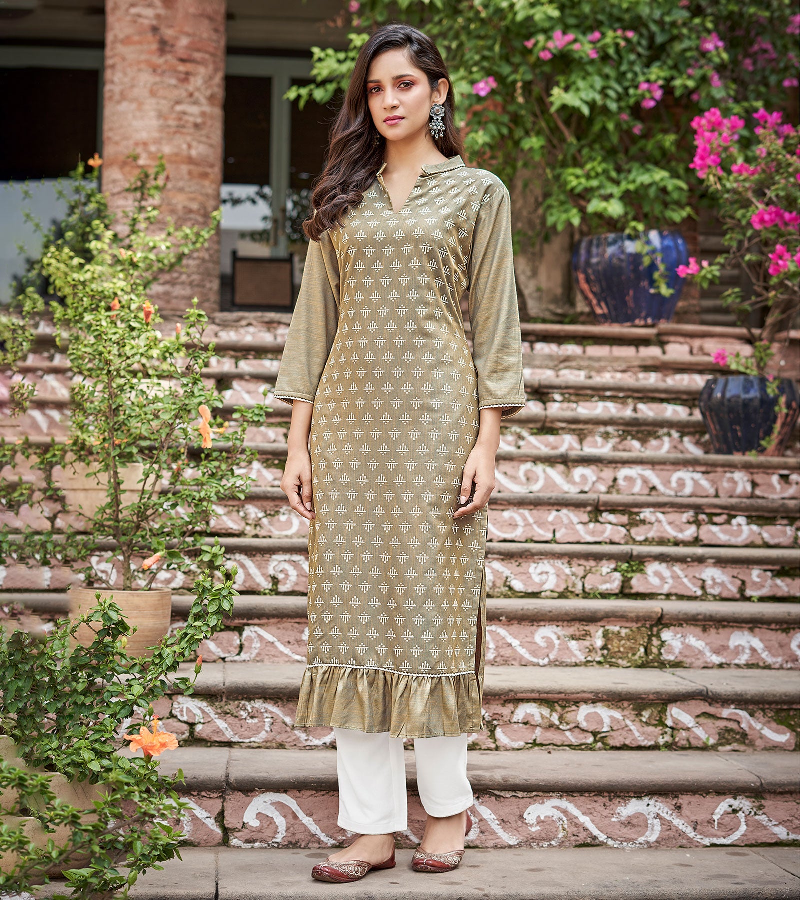 Laxmipati Nabulla (Fine Cotton)  Sage Green Straight Cut Kurti