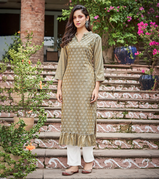 Laxmipati Nabulla (Fine Cotton)  Sage Green Straight Cut Kurti