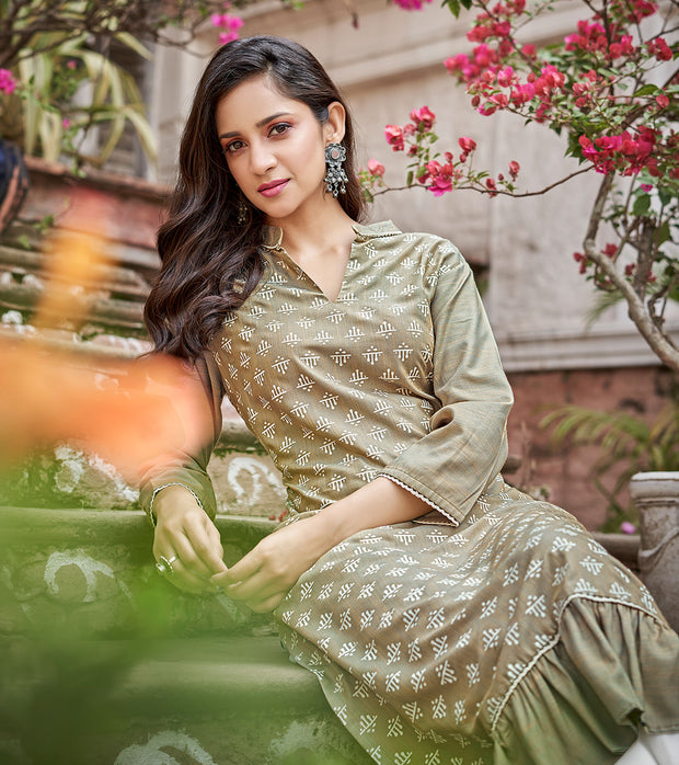 Laxmipati Nabulla (Fine Cotton)  Sage Green Straight Cut Kurti