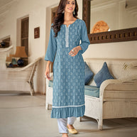 Laxmipati Nabulla (Fine Cotton)  Icy Blue Grey Straight Cut  Kurti