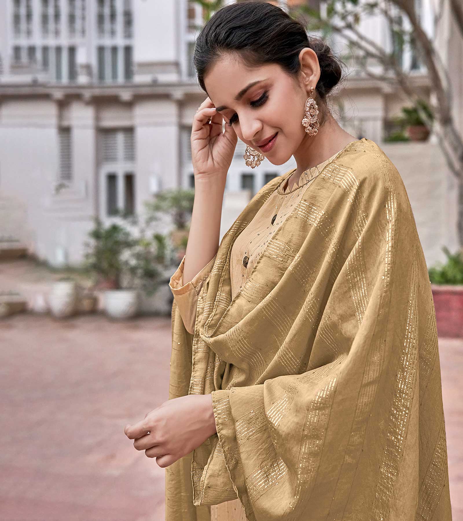 Laxmipati Muslin Brown Flaired Length Gown With Dupatta