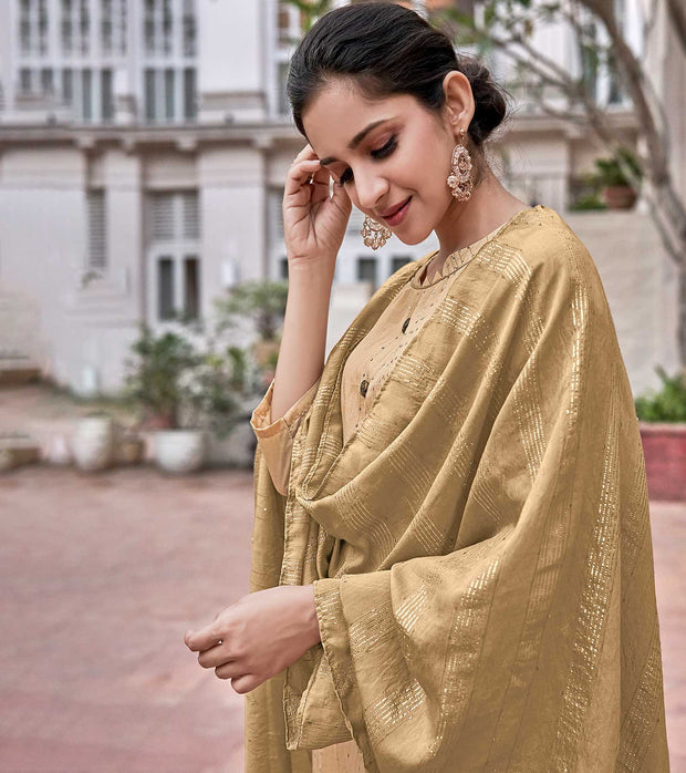 Laxmipati Muslin Brown Flaired Length Gown With Dupatta