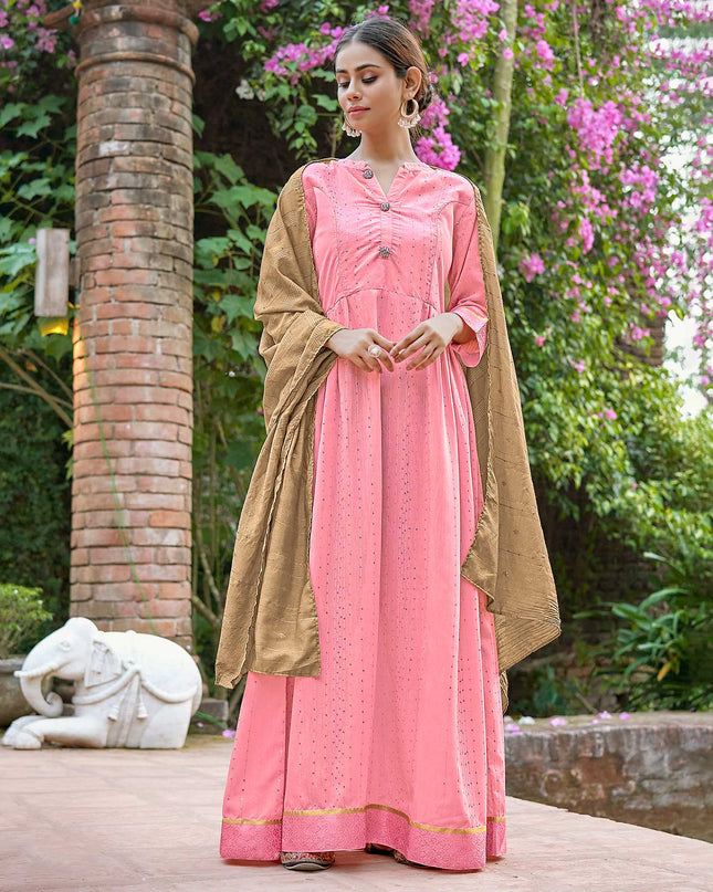 Laxmipati Muslin Pink Flaired Length Gown With Dupatta