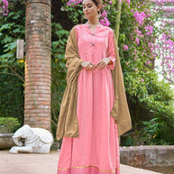 Laxmipati Muslin Pink Flaired Length Gown With Dupatta