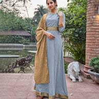 Laxmipati Muslin Mint Blue Flaired Length Gown With Dupatta