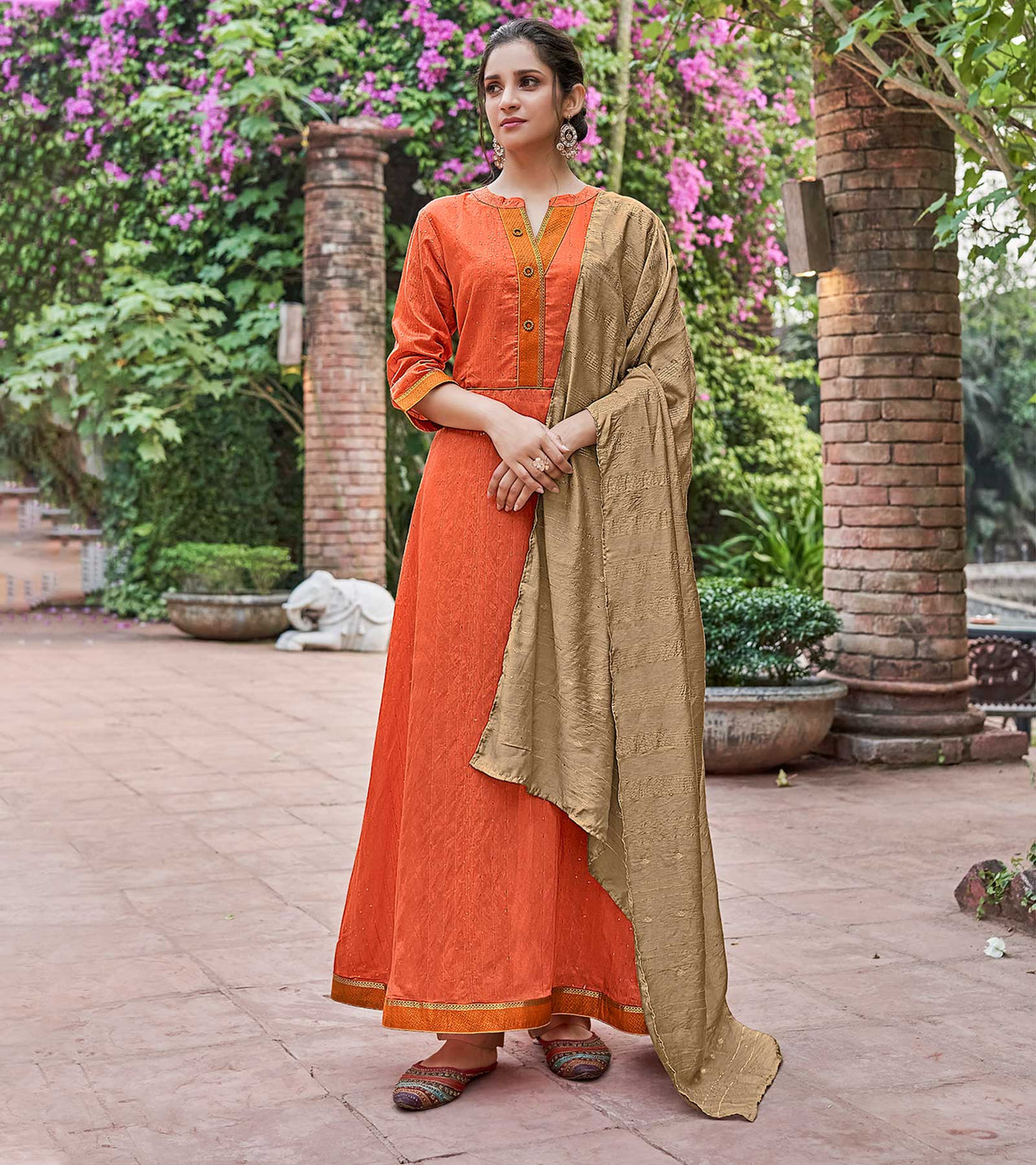 Laxmipati Muslin Orange Flaired Length Gown With Dupatta