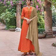 Laxmipati Muslin Orange Flaired Length Gown With Dupatta