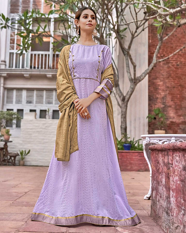 Laxmipati Muslin Roman Purple Flaired Length Gown With Dupatta