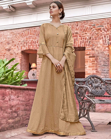 Laxmipati Muslin Golden Brown Flaired Length Gown With Dupatta