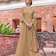 Laxmipati Muslin Golden Brown Flaired Length Gown With Dupatta
