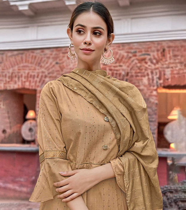 Laxmipati Muslin Golden Brown Flaired Length Gown With Dupatta