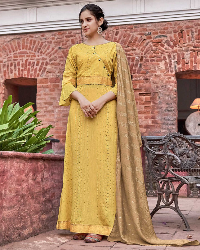 Laxmipati Muslin Luminating Yellow Flaired Length Gown With Dupatta