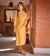 Laxmipati Cotton Midnight Mustard STRAIGHT CUT KURTI WITH SELF TEXTURED WORK