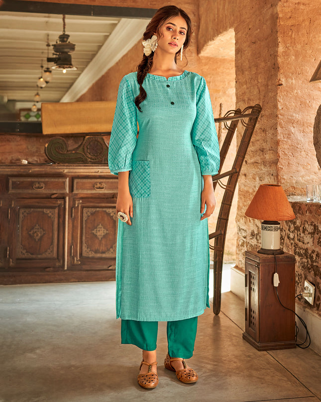 Laxmipati Cotton Turquoise Green Straight Cut Kurti With Self Textured Work