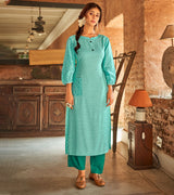 Laxmipati Cotton Turquoise Green Straight Cut Kurti With Self Textured Work