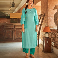 Laxmipati Cotton Turquoise Green Straight Cut Kurti With Self Textured Work