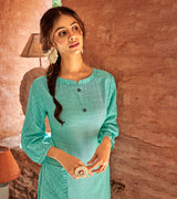 Laxmipati Cotton Turquoise Green Straight Cut Kurti With Self Textured Work