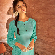 Laxmipati Cotton Turquoise Green Straight Cut Kurti With Self Textured Work