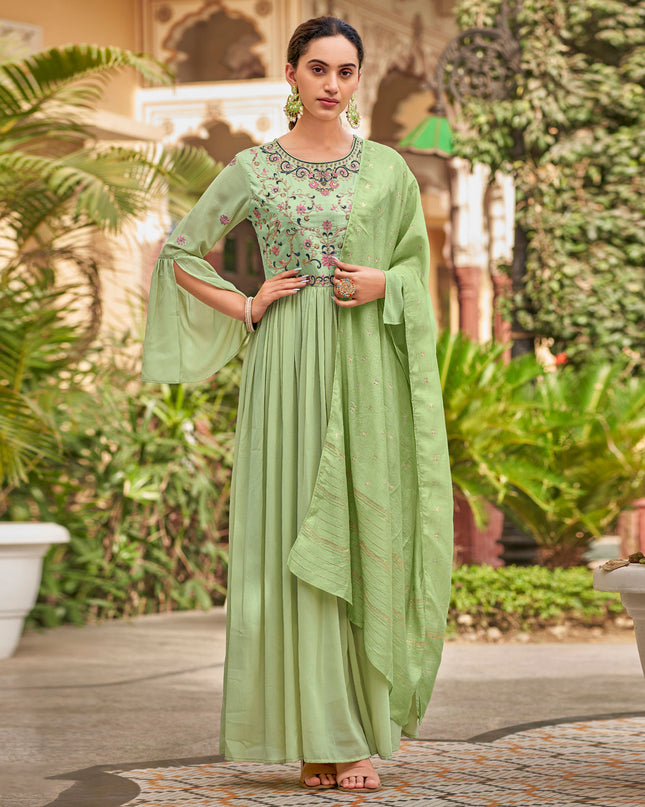 Laxmipati Baby Georgette Lime Green Sequence Embroidery Full Length Georgette Gown With Fancy Viscoss Duppata