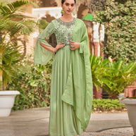 Laxmipati Baby Georgette Lime Green Sequence Embroidery Full Length Georgette Gown With Fancy Viscoss Duppata