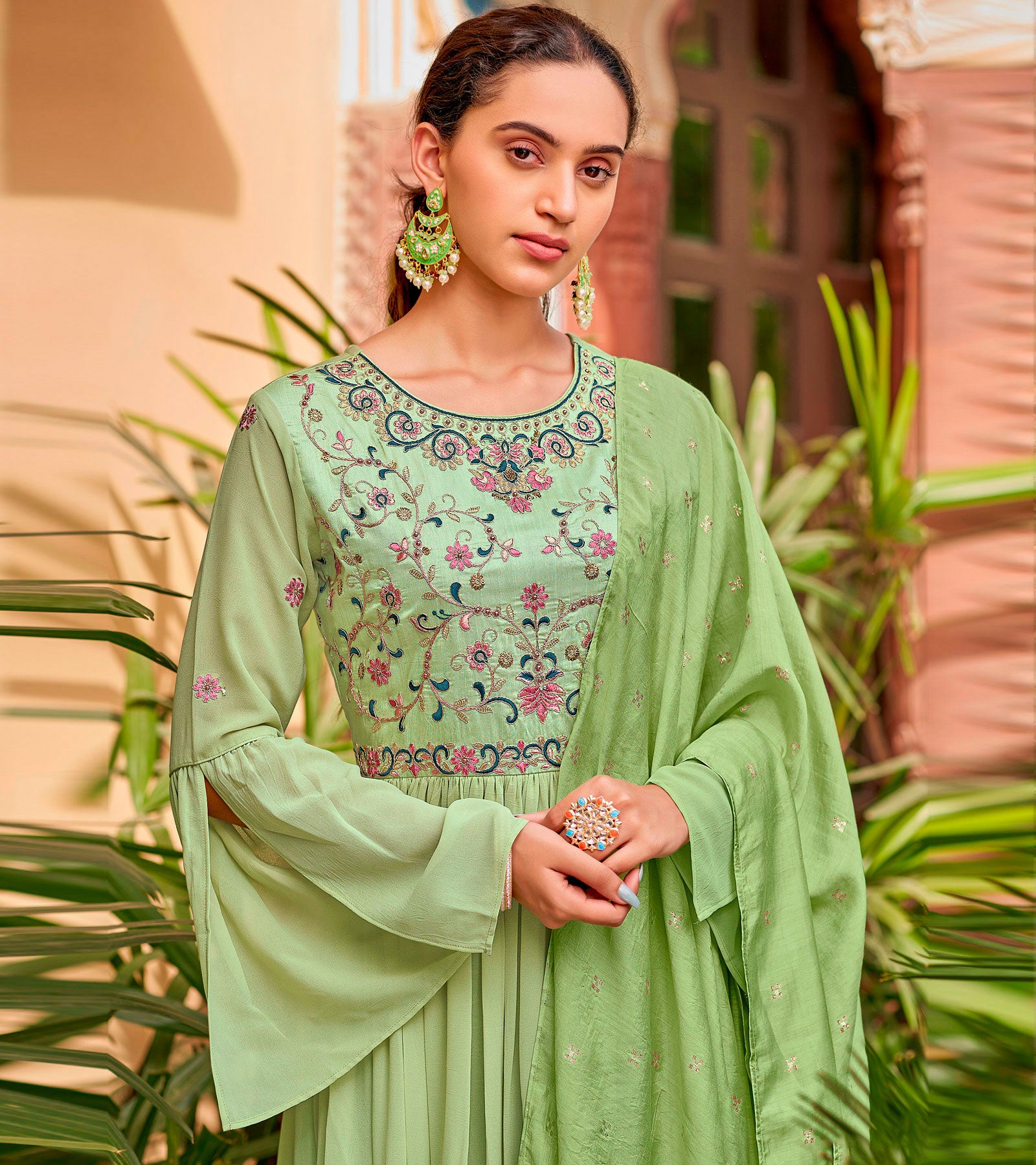 Laxmipati Baby Georgette Lime Green Sequence Embroidery Full Length Georgette Gown With Fancy Viscoss Duppata