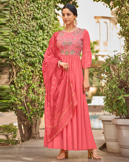 Laxmipati Baby Georgette Watermelon Peach Pink Sequence Embroidery Full Length Georgette Gown With Fancy Viscoss Duppata