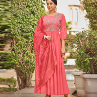 Laxmipati Baby Georgette Watermelon Peach Pink Sequence Embroidery Full Length Georgette Gown With Fancy Viscoss Duppata