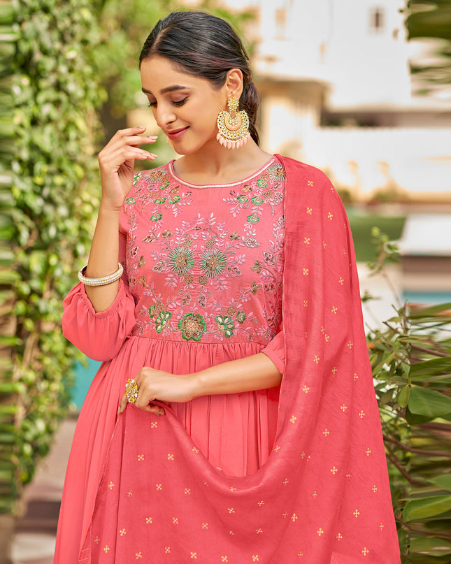 Laxmipati Baby Georgette Watermelon Peach Pink Sequence Embroidery Full Length Georgette Gown With Fancy Viscoss Duppata