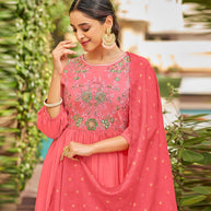 Laxmipati Baby Georgette Watermelon Peach Pink Sequence Embroidery Full Length Georgette Gown With Fancy Viscoss Duppata