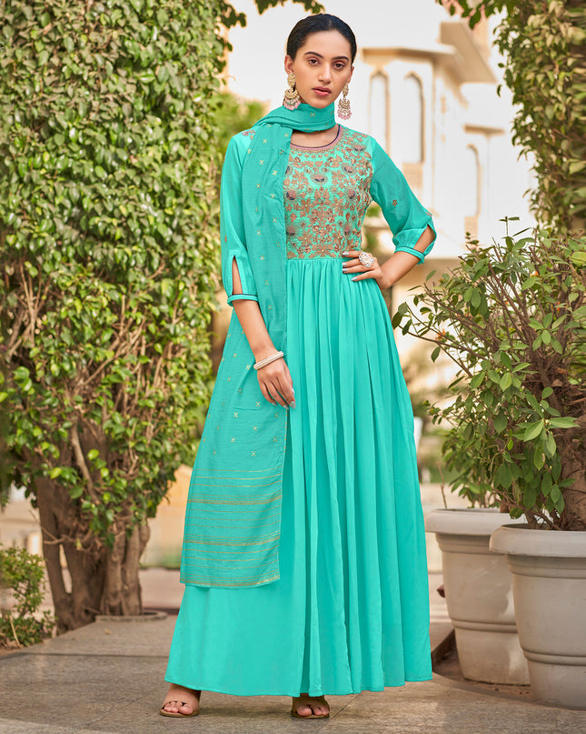 Laxmipati Baby Georgette Cyan Blue Sequence Embroidery Full Length Georgette Gown With Fancy Viscoss Duppata