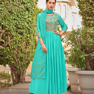 Laxmipati Baby Georgette Cyan Blue Sequence Embroidery Full Length Georgette Gown With Fancy Viscoss Duppata