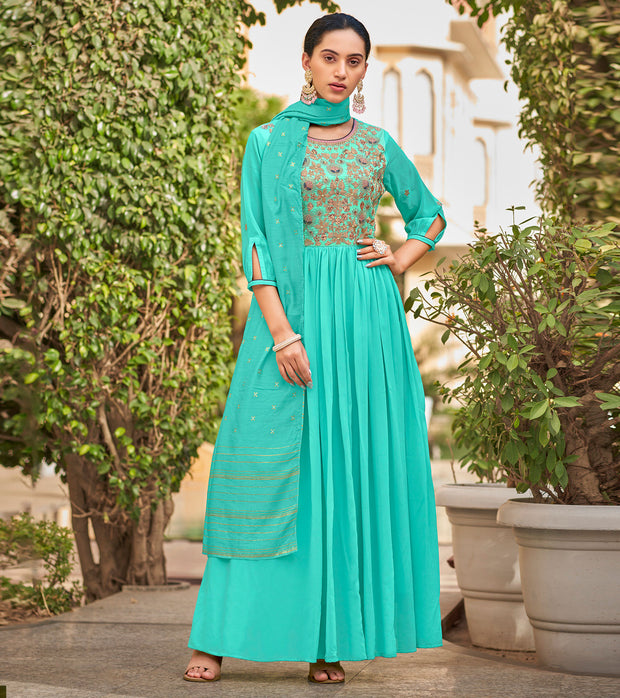Laxmipati Baby Georgette Cyan Blue Sequence Embroidery Full Length Georgette Gown With Fancy Viscoss Duppata