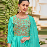 Laxmipati Baby Georgette Cyan Blue Sequence Embroidery Full Length Georgette Gown With Fancy Viscoss Duppata