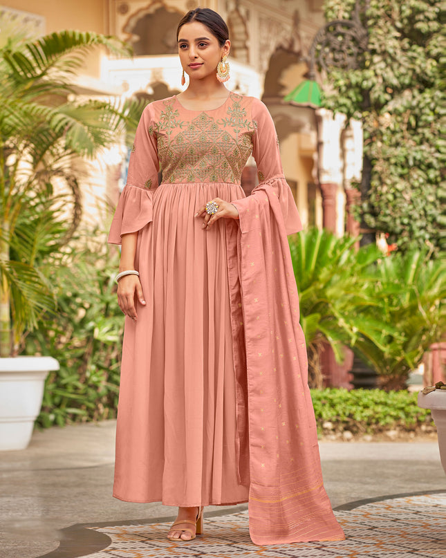Laxmipati Baby Georgette Mauvelous Pink Sequence Embroidery Full Length Georgette Gown With Fancy Viscoss Duppata
