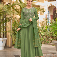 Laxmipati Baby Georgette Fern Green Sequence Embroidery Full Length Georgette Gown With Fancy Viscoss Duppata