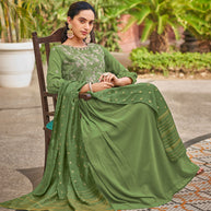 Laxmipati Baby Georgette Fern Green Sequence Embroidery Full Length Georgette Gown With Fancy Viscoss Duppata