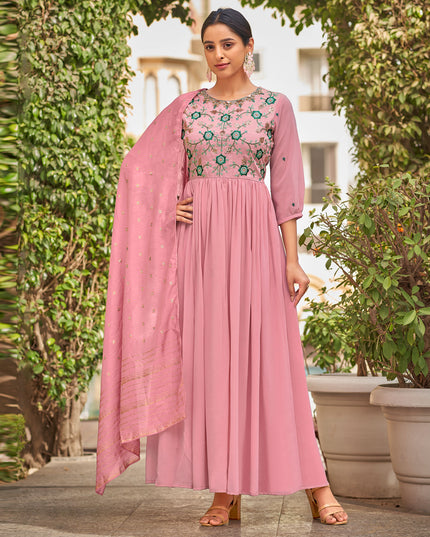Laxmipati Baby Georgette Rose Pink Sequence Embroidery Full Length Georgette Gown With Fancy Viscoss Duppata