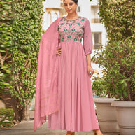 Laxmipati Baby Georgette Rose Pink Sequence Embroidery Full Length Georgette Gown With Fancy Viscoss Duppata